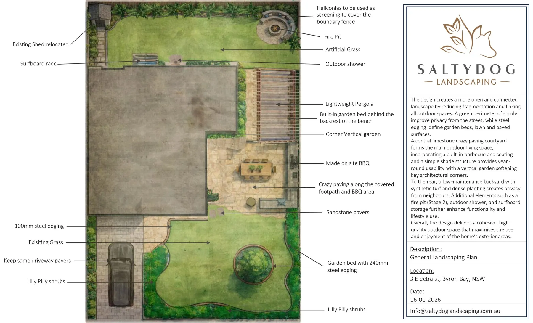 A drawn SaltyDog landscaping plan showing paving, planting and levels