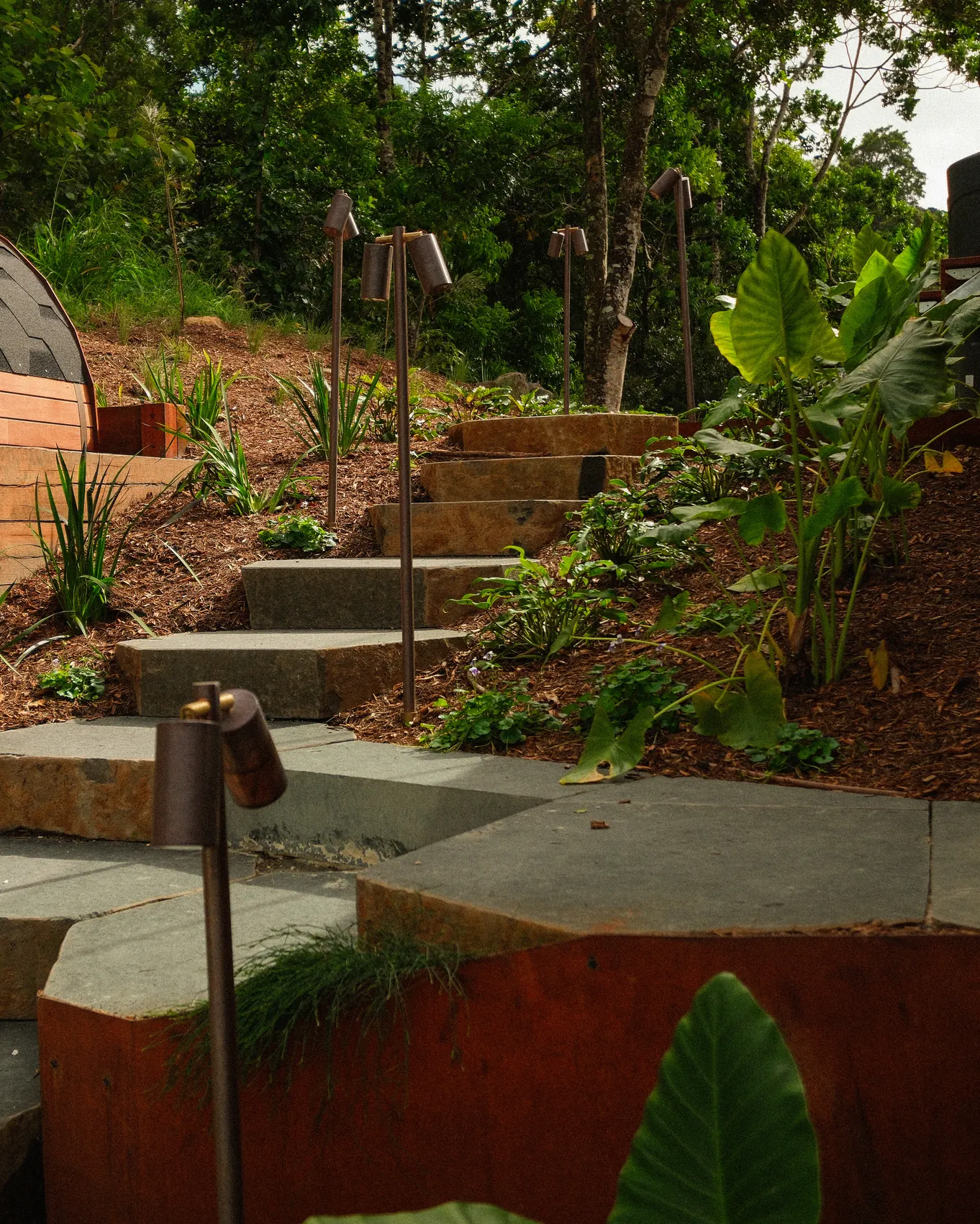 Basalt slab steps climbing a planted slope, uplights beside them
