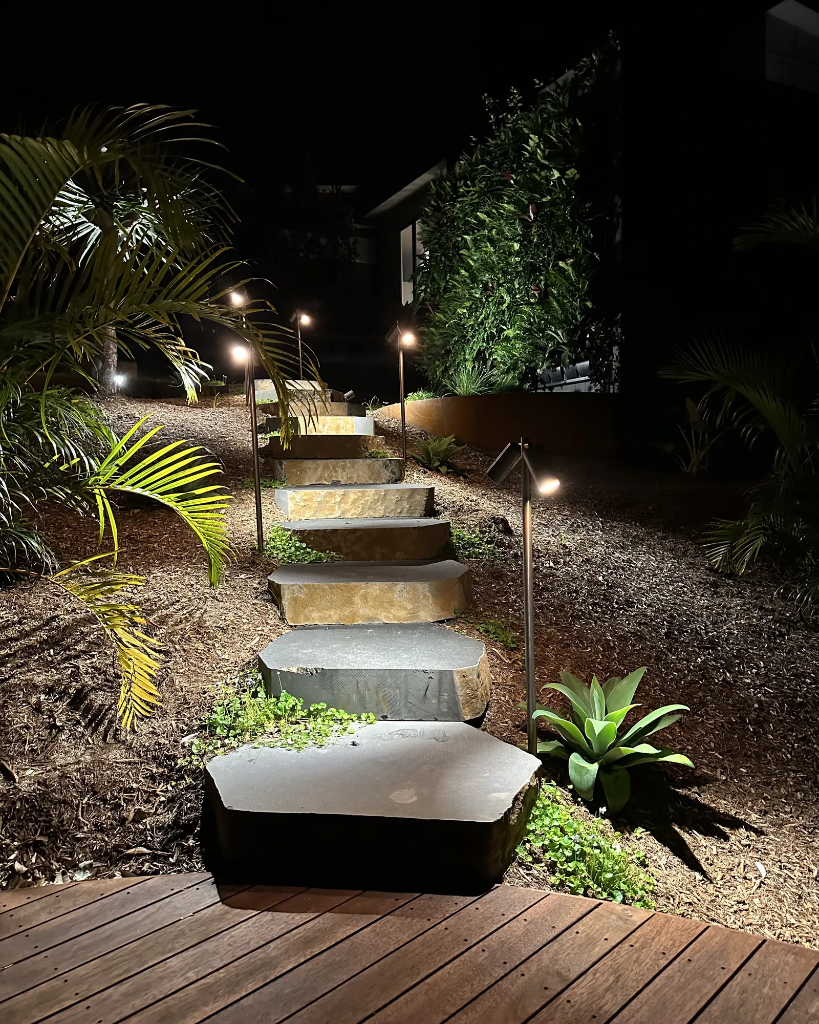 Uplights along stone steps down to a timber deck at night